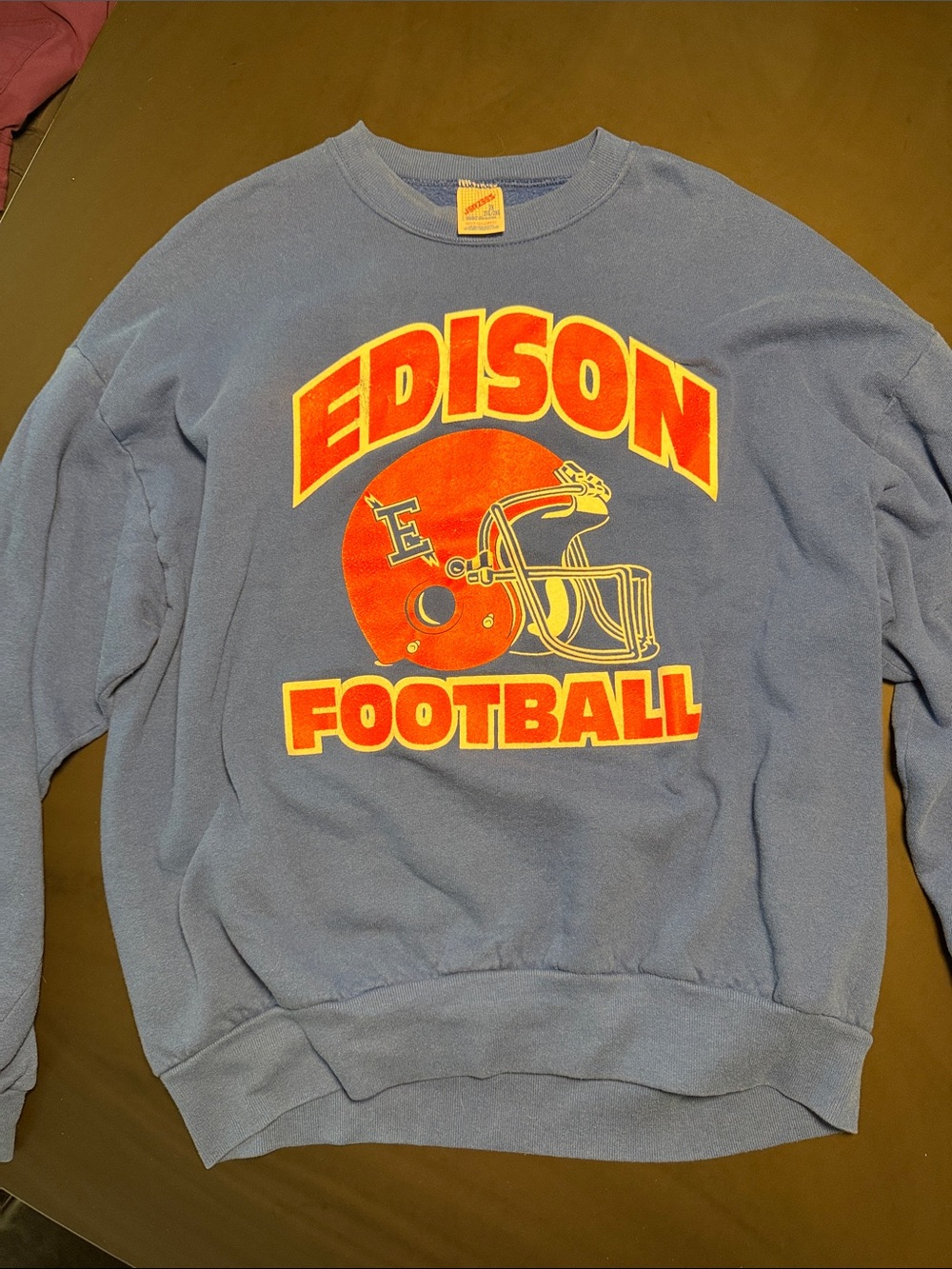 VINTAGE Blue Crewneck with Bright Orange Yellow Edison Football Graphic